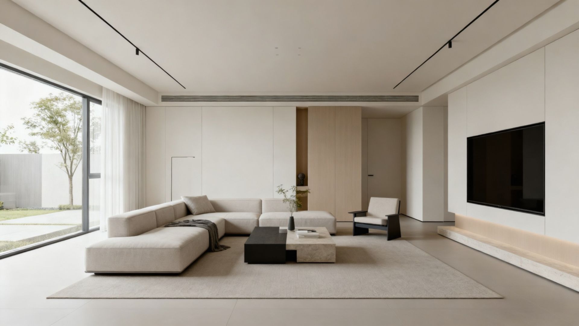 Modern Chinese Minimalist Interior Design featuring elegant, floor-length drapery in a neutral tone for a balanced and tranquil ambiance.