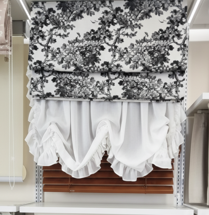 Roman Blind, curtains with valence Elegant white lace window curtains with decorative valence, adding softness to a bright room