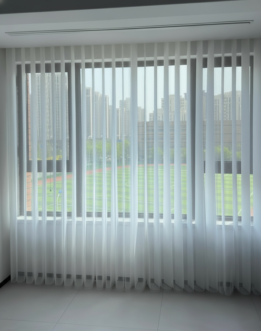 vertical dream blinds):  white Sheer vertical blinds for large windows, light-filtering window treatment for living spaces