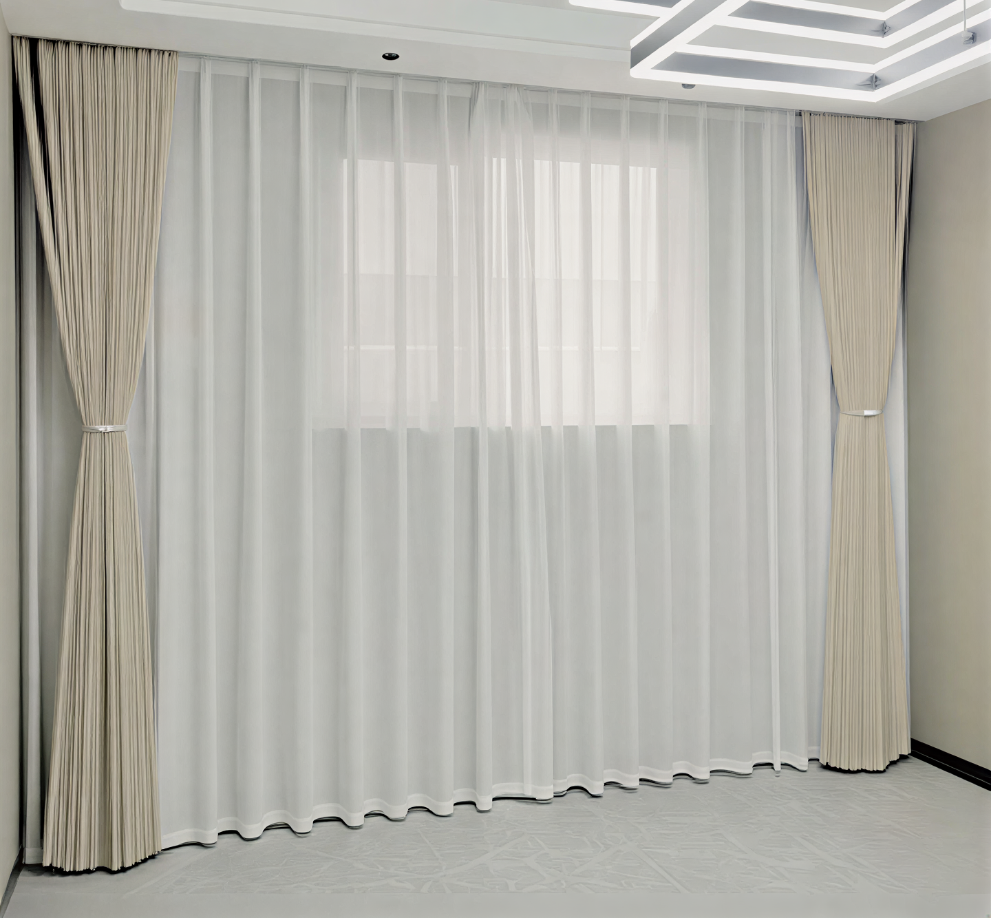 White sheer window curtains in minimalist living room, soft window treatment for calm interior spaces